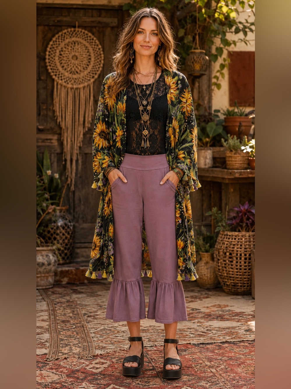 New A Rare Bird OS ptp32 Sunflower Print Open-Front Kimono Jacket Black yellow